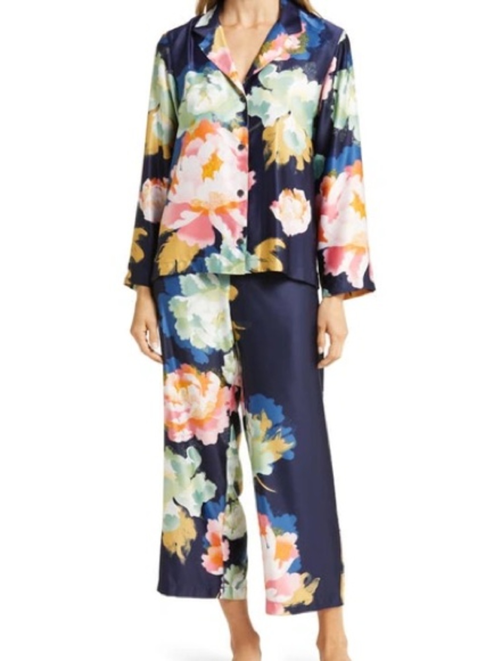 Natori Navy Floral Satin Pajama Set - Pink, Green, Yellow Size M